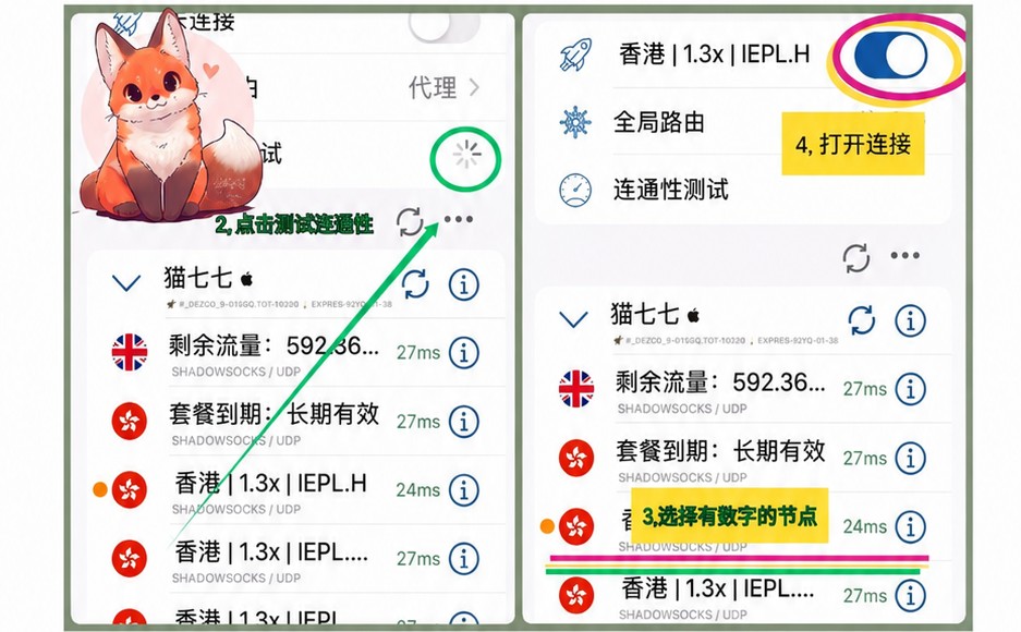 点连通性测试出延迟数值，选一个数字小的节点，打开连接开关