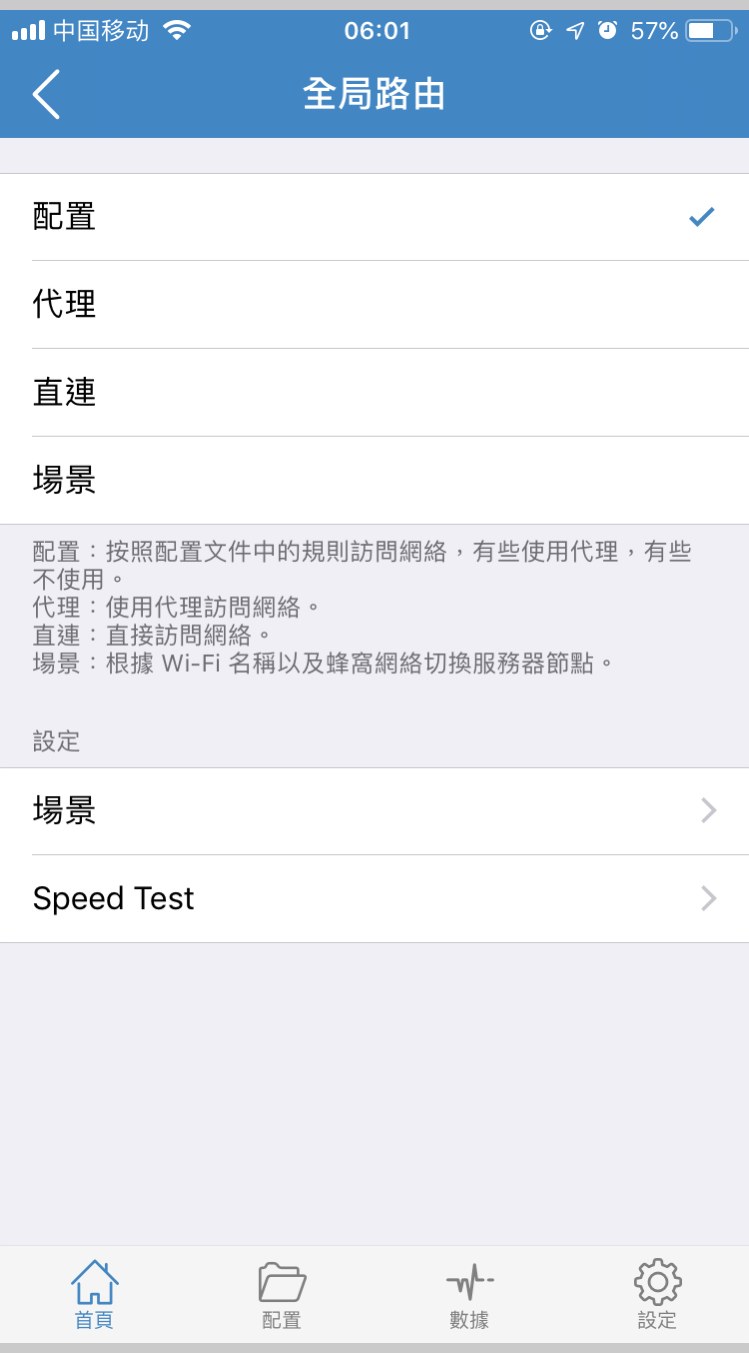 小火箭全局路由页：配置、代理、直连、场景四种模式