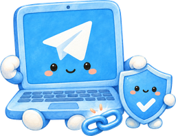 蓝色笔记本电脑上显示 Telegram 纸飞机，旁边一枚带对勾的盾牌