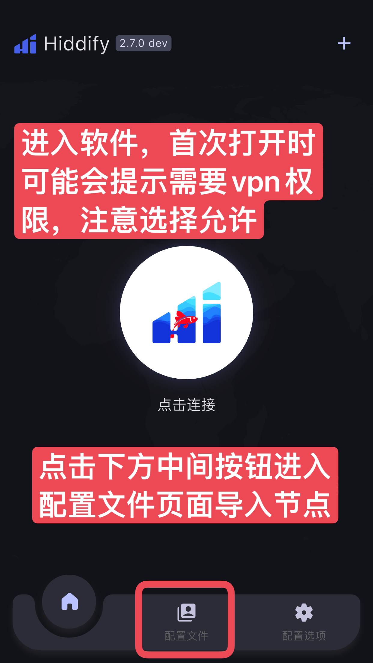 Hiddify 主页：首次打开请求 VPN 权限，选择允许