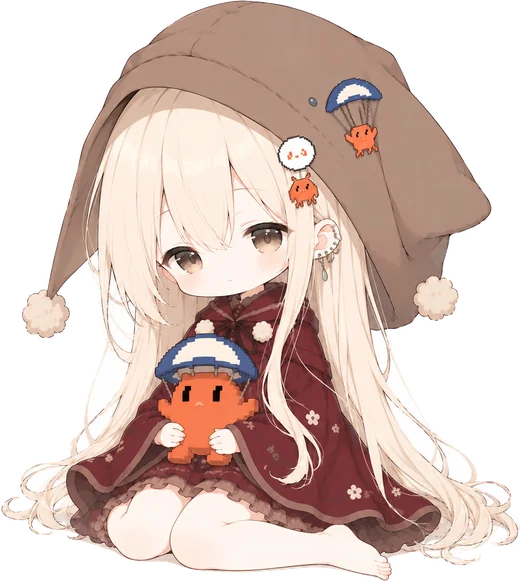 Q 版少女:棕兜帽酒红袍,光脚坐着抱橙色像素小人