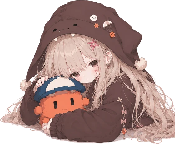 Q 版少女:兽耳兜帽,趴着抱橙色像素小人