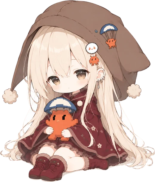 Q 版少女:棕兜帽酒红袍,抱着橙色像素小人,穿红靴