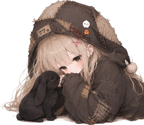 Q 版少女:趴姿,与一只黑色垂耳兔对视