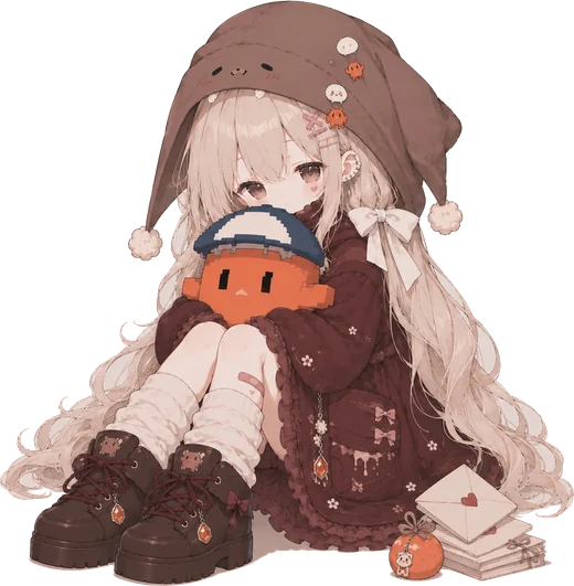 Q 版少女:兔耳兜帽,抱着橙色像素小人,大棕靴