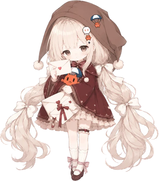 Q 版少女:棕兜帽酒红袍,双马尾,抱着两封信