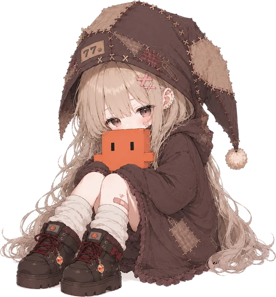 Q 版少女:补丁兜帽坐姿,抱橙色像素方块,厚底靴