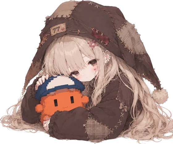 Q 版少女:补丁兜帽,趴着抱橙色像素小人,帽上缝着一块布牌
